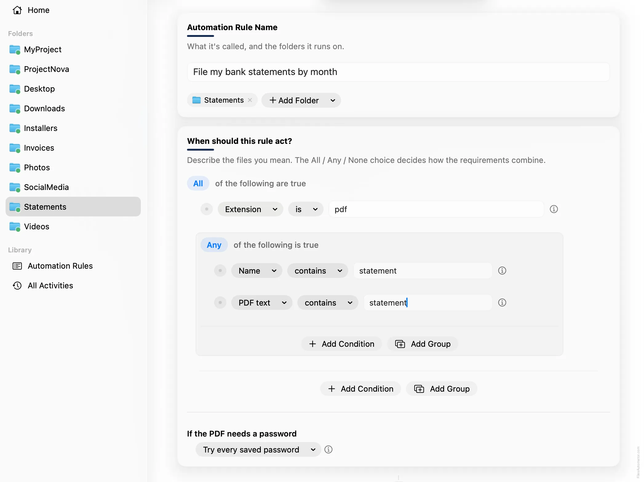 The Automation Rule Name card, alongside Extension is pdf, plus a nested Any group containing Name contains statement and PDF text contains statement