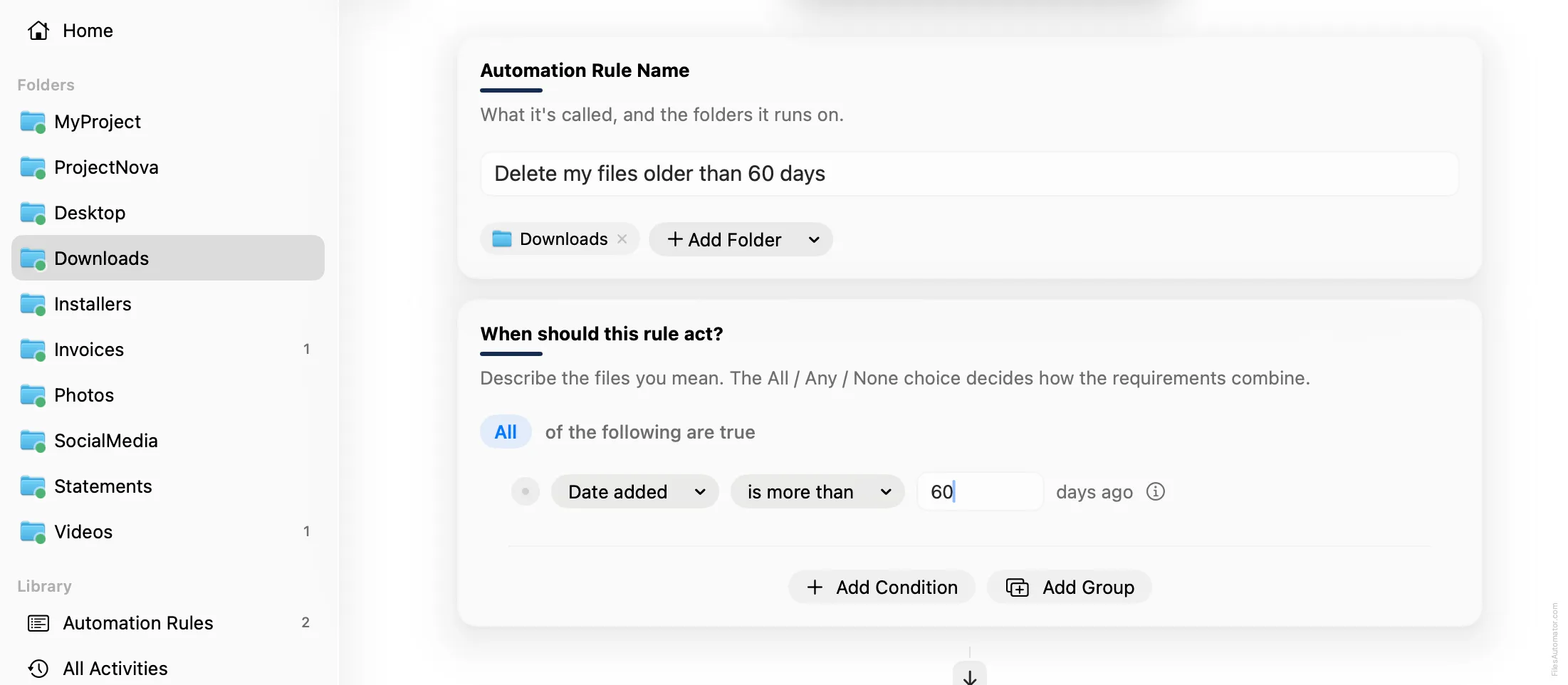 The Automation Rule Name card, alongside a single condition, Date added is more than 60 days ago