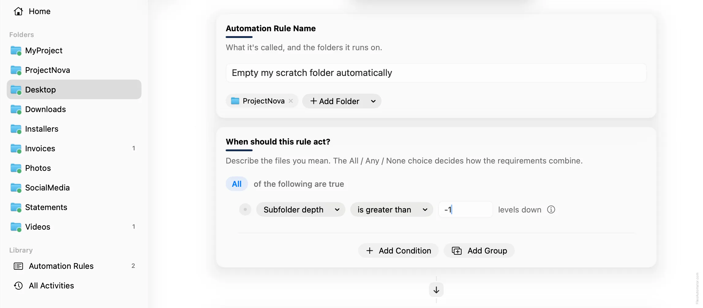 The Automation Rule Name card, alongside a single condition, Subfolder depth is greater than -1