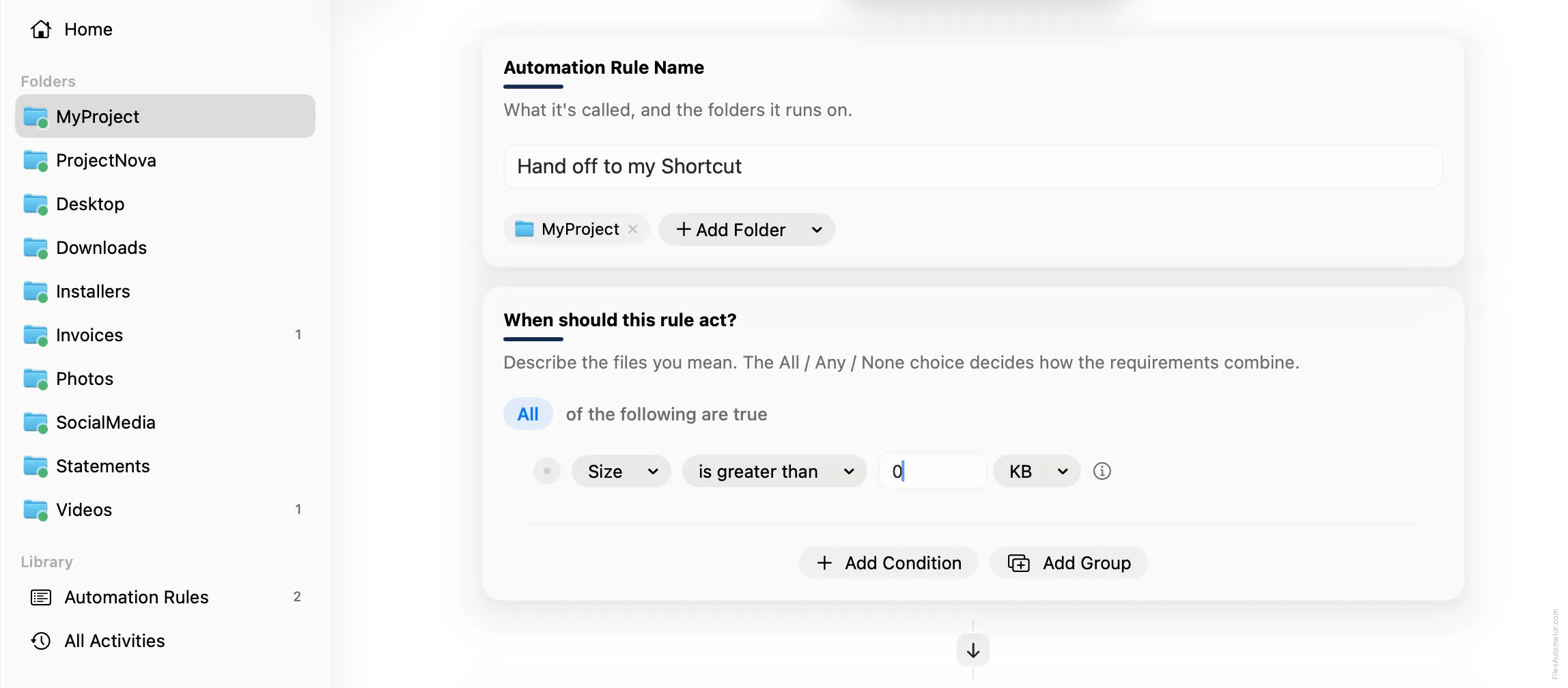 The Automation Rule Name card, alongside a single condition, Size is greater than 0