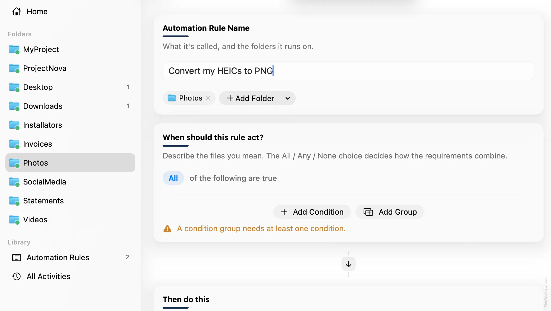 The Automation Rule Name card, with a folder added and the rule named