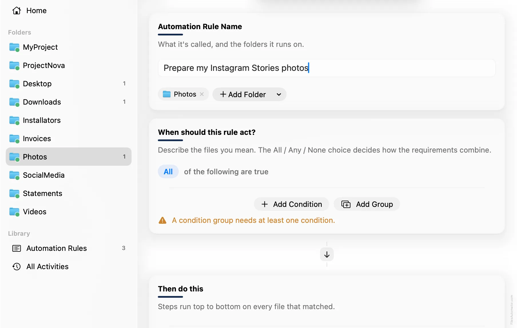 The Automation Rule Name card, with a folder added and the rule named