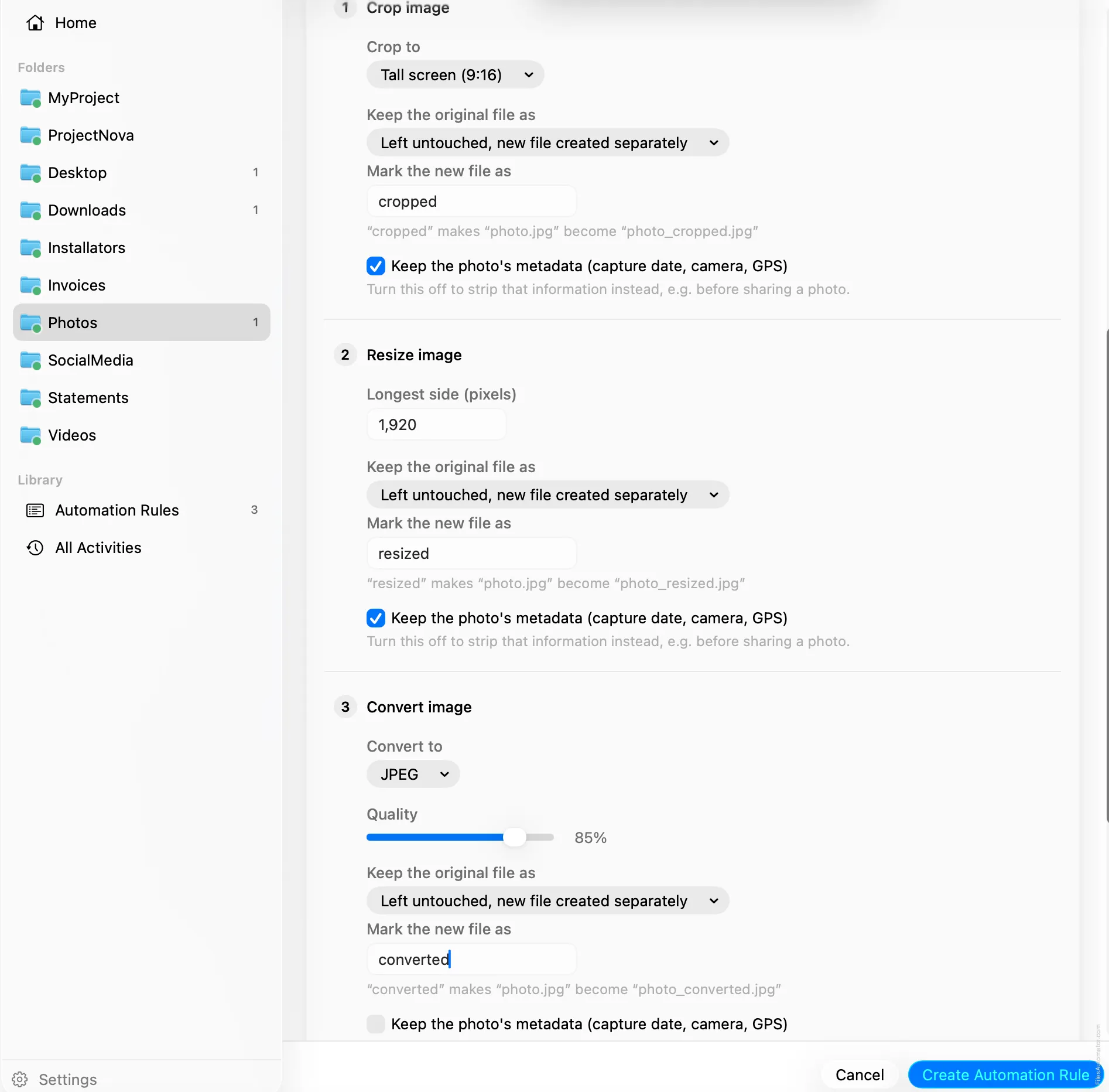 Three action steps in order: crop to 9:16, resize to 1920 pixels, convert to JPEG