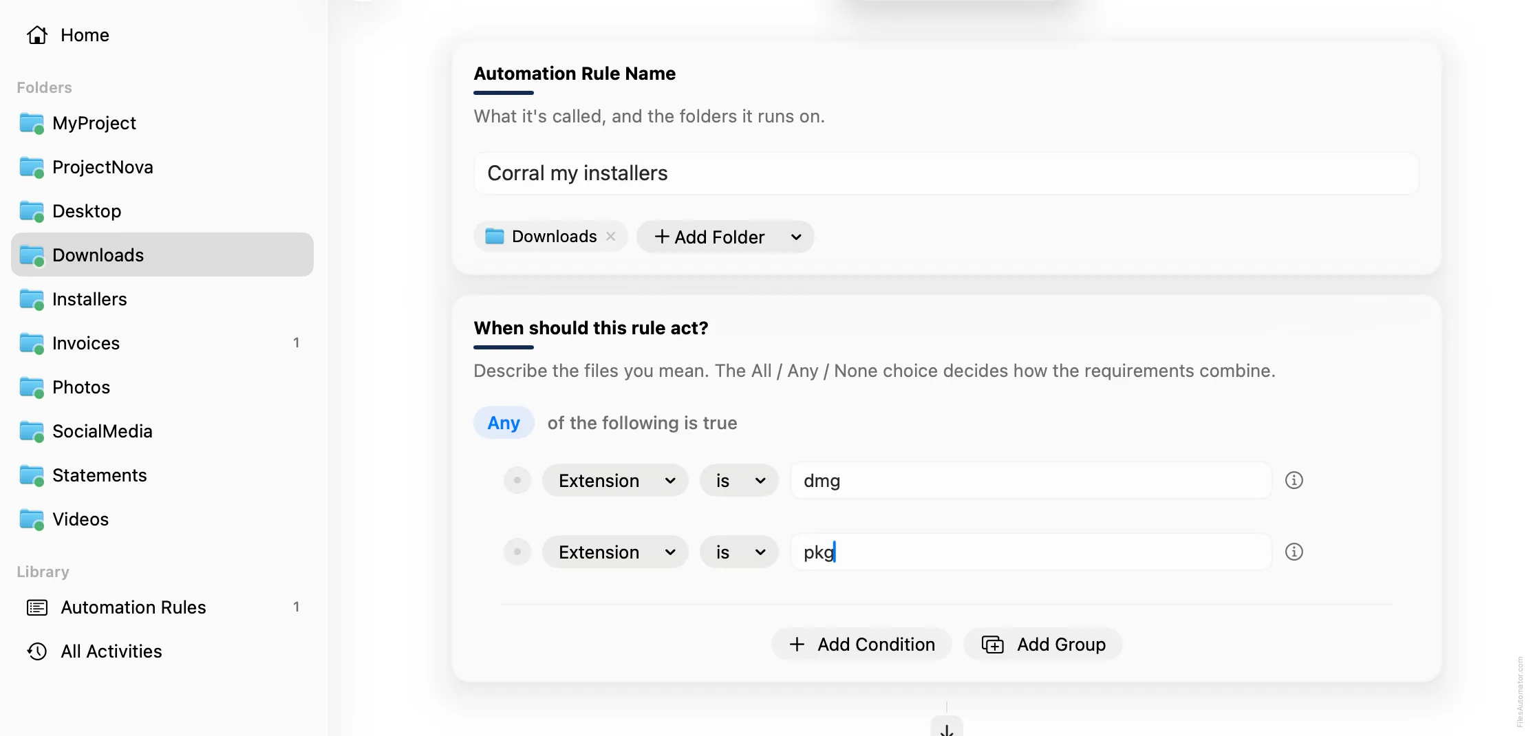 The Automation Rule Name card, alongside the condition editor set to Any, with Extension is dmg and Extension is pkg