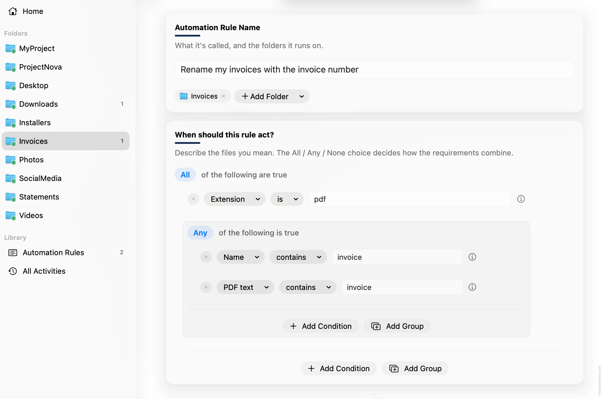 The Automation Rule Name card, alongside Extension is pdf, plus a nested Any group containing Name contains invoice and PDF text contains invoice