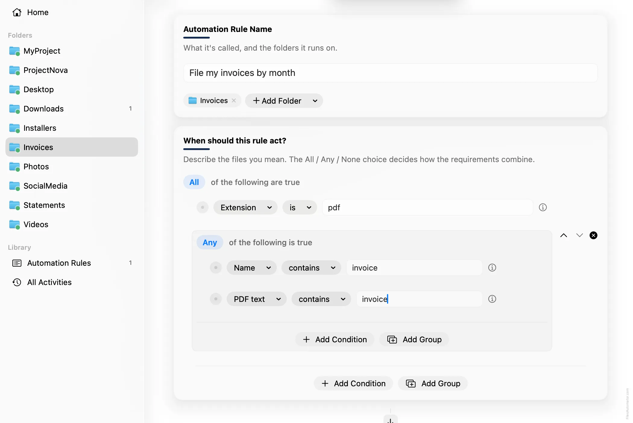 The Automation Rule Name card, alongside Extension is pdf, plus a nested Any group containing Name contains invoice and PDF text contains invoice