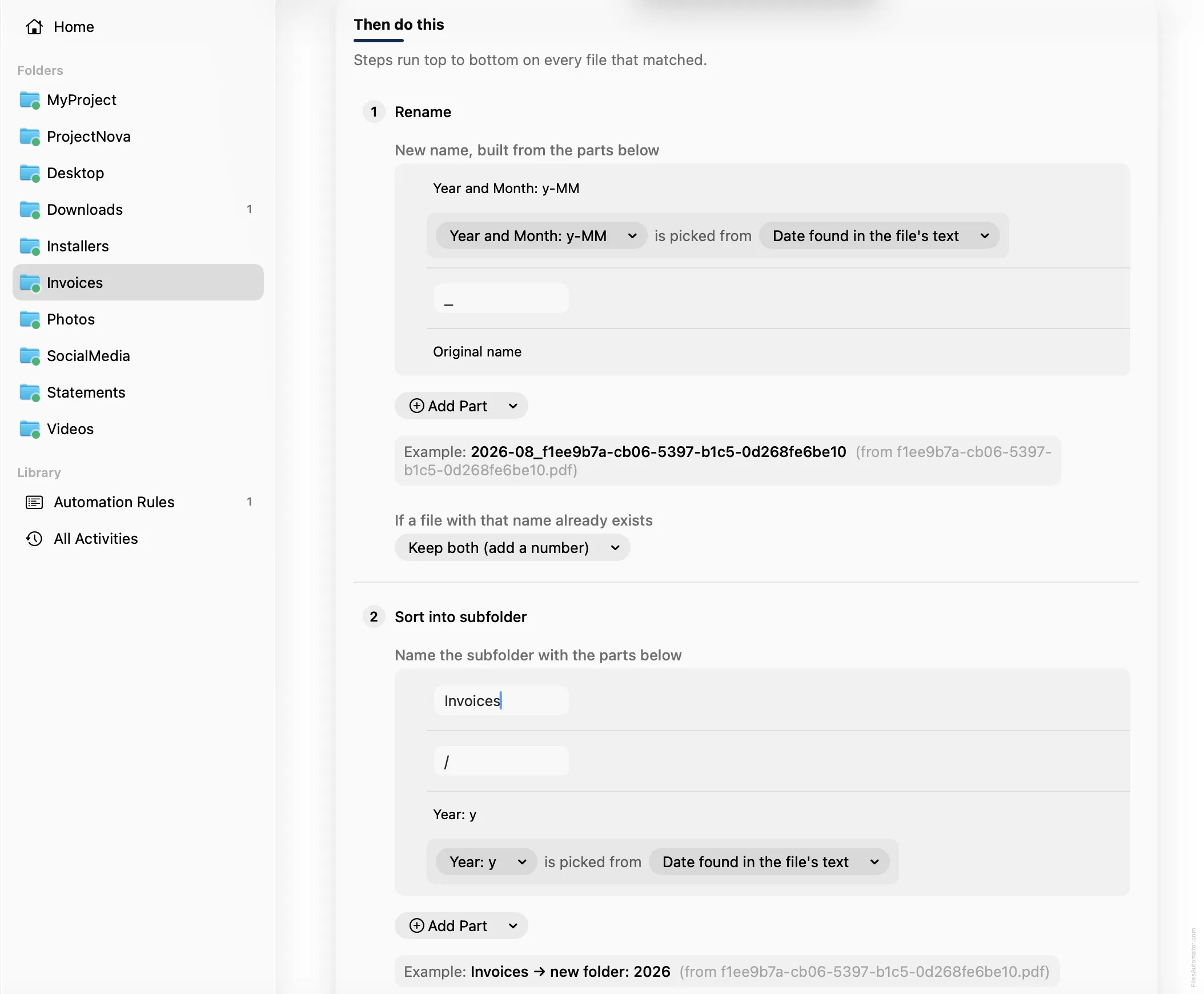 The rename pattern using the invoice's own date, plus the subfolder pattern filing into Invoices by year