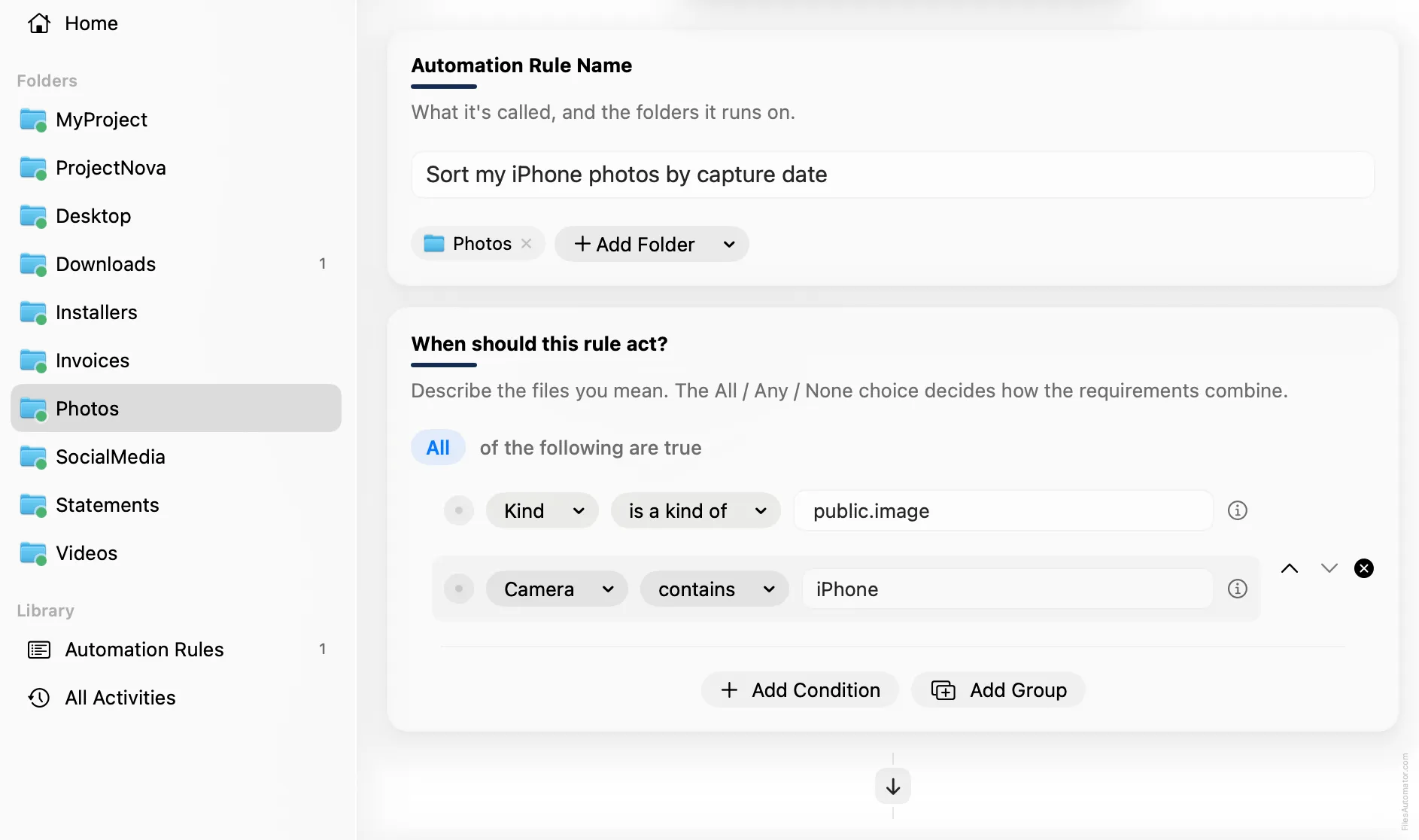 The Automation Rule Name card, alongside the condition editor, with Kind is a kind of public.image and Camera contains iPhone set