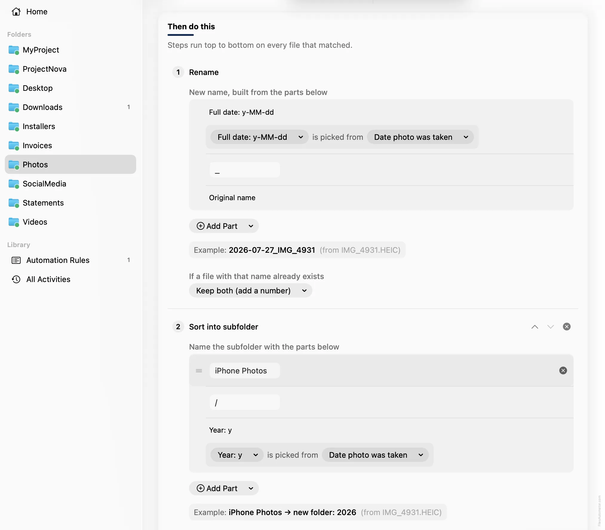 The rename pattern using capture date, plus the subfolder pattern filing into iPhone Photos by year