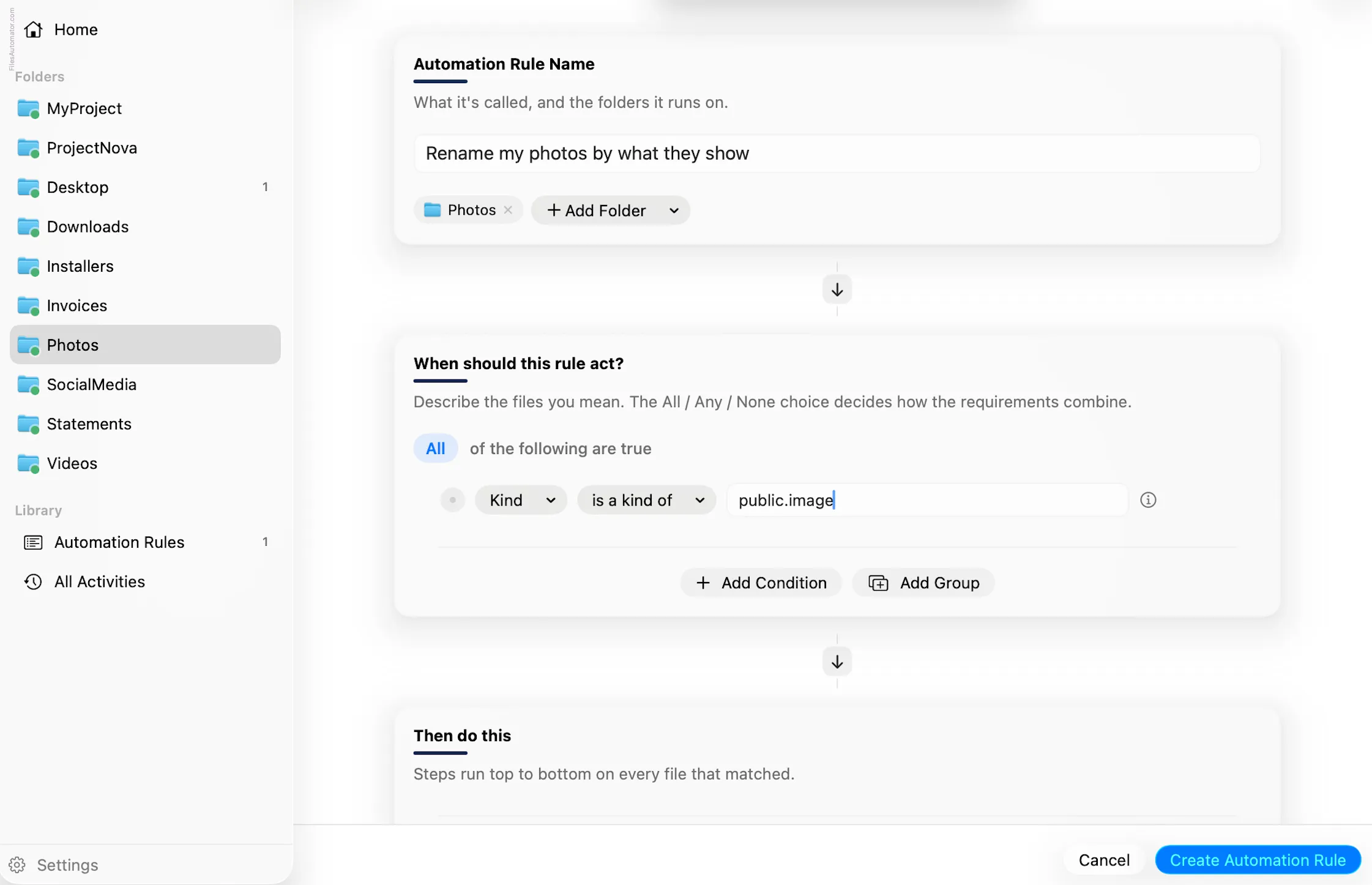 The Automation Rule Name card, alongside a single condition, Kind is a kind of public.image