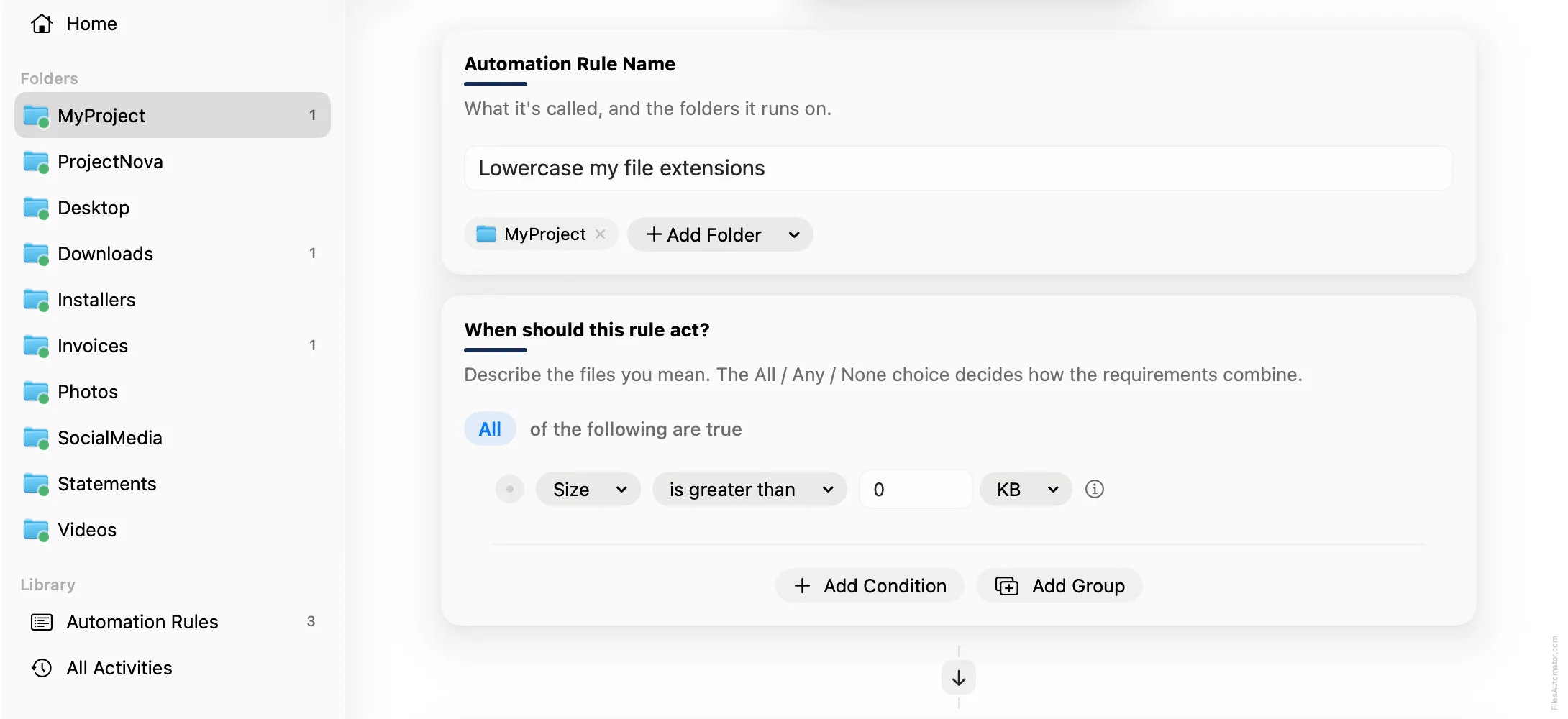 The Automation Rule Name card, alongside a single condition, Size is greater than 0
