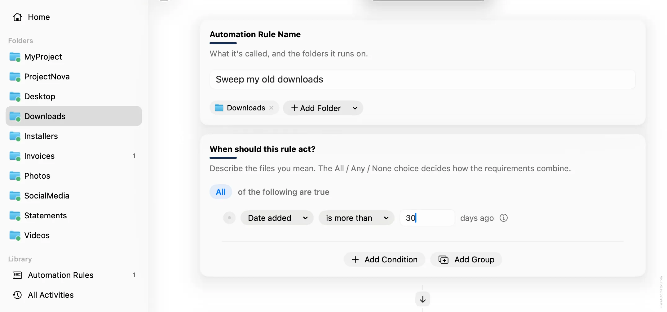 The Automation Rule Name card, alongside a single condition, Date added is more than 30 days ago