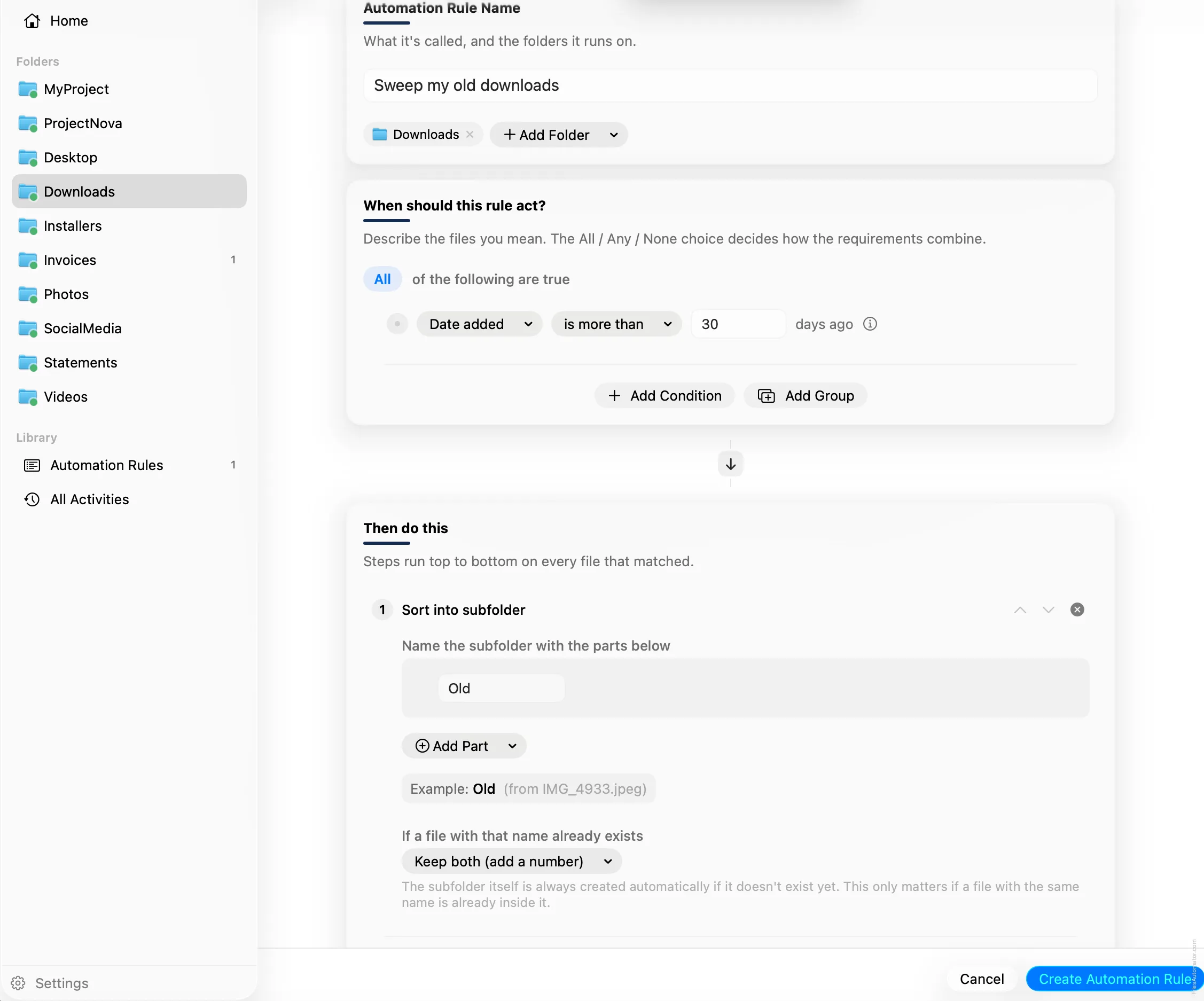 The Sort into subfolder step, with the subfolder pattern set to the literal text Old