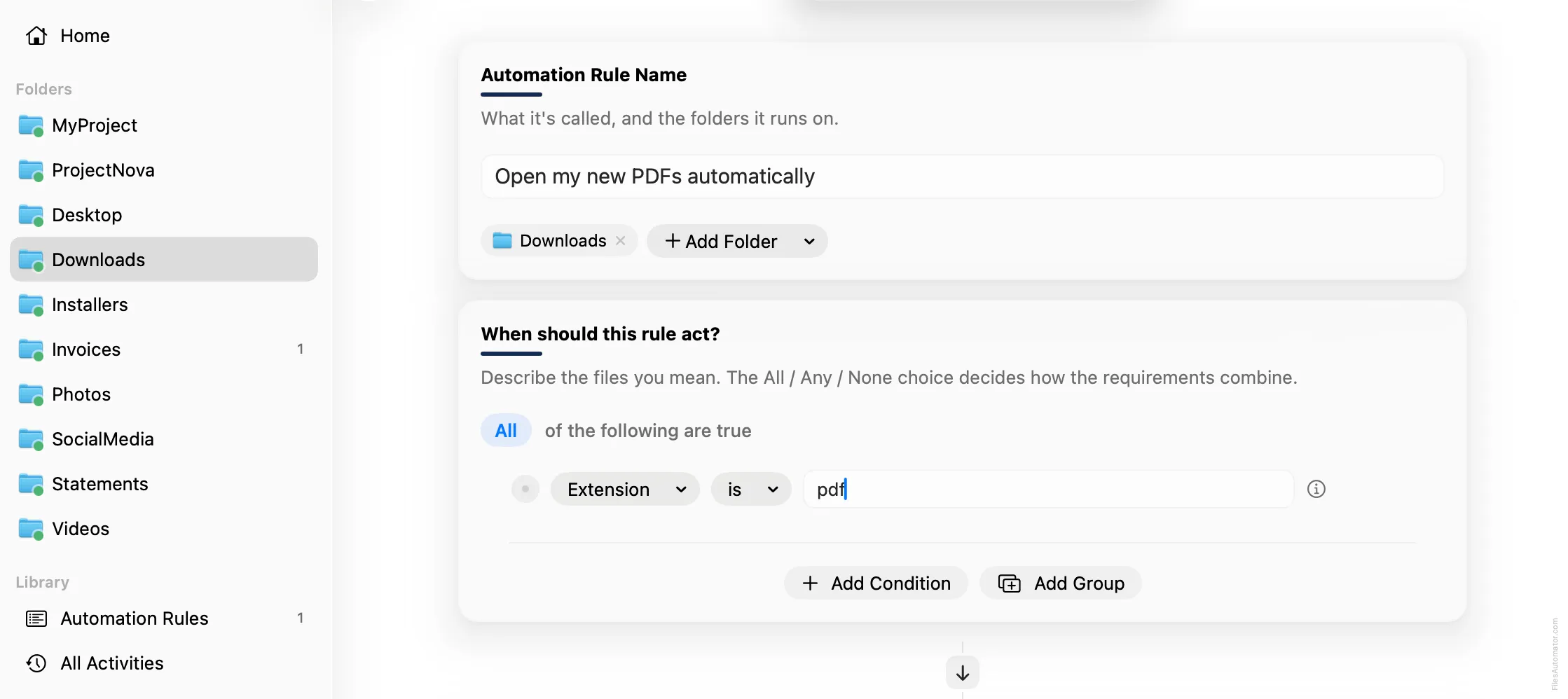 The Automation Rule Name card, alongside a single condition, Extension is pdf