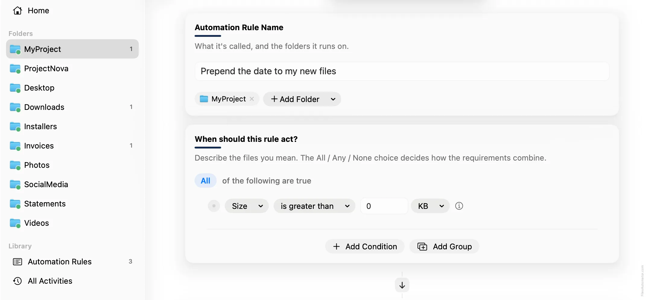 The Automation Rule Name card, alongside a single condition, Size is greater than 0
