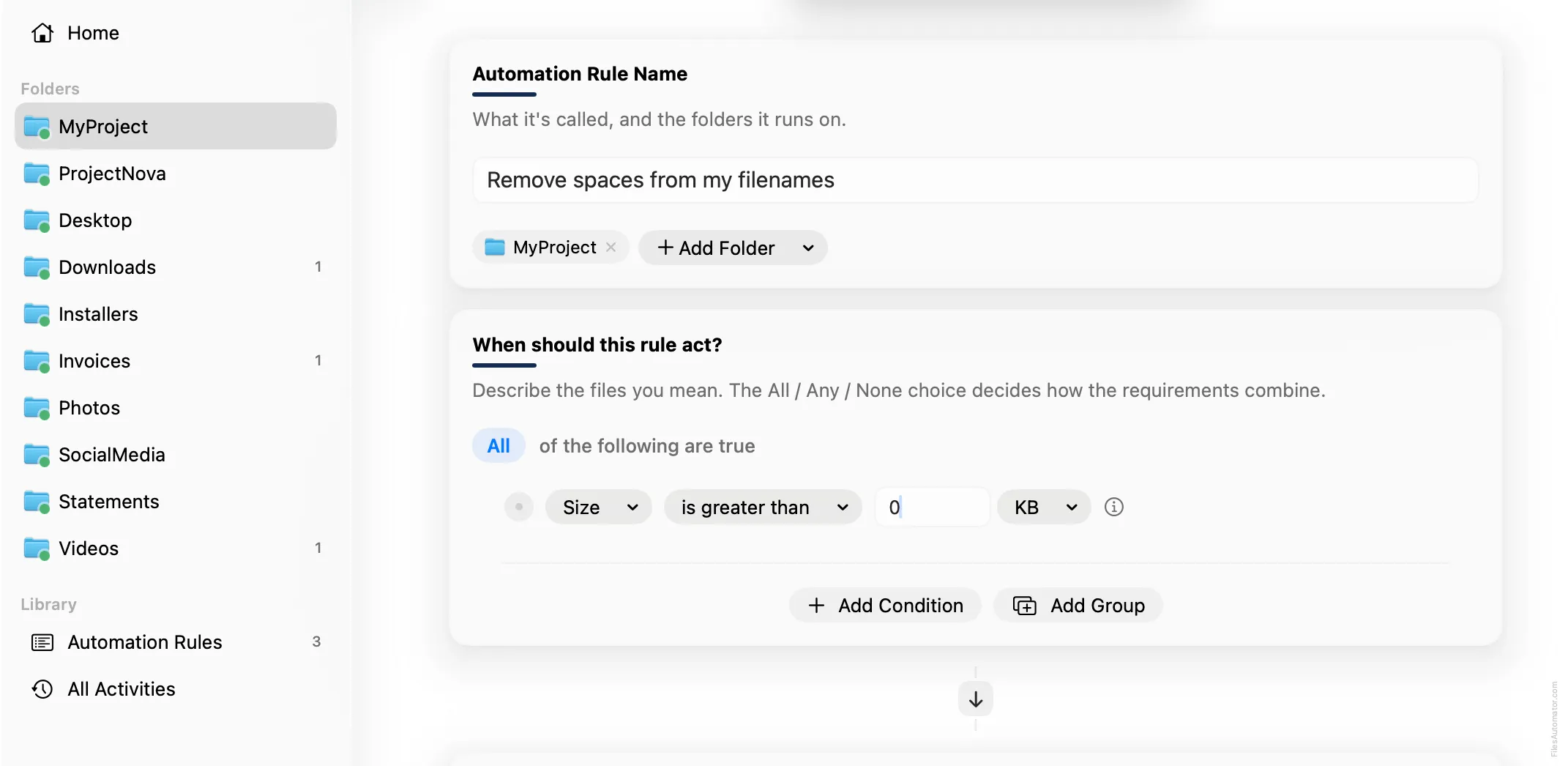 The Automation Rule Name card, alongside a single condition, Size is greater than 0