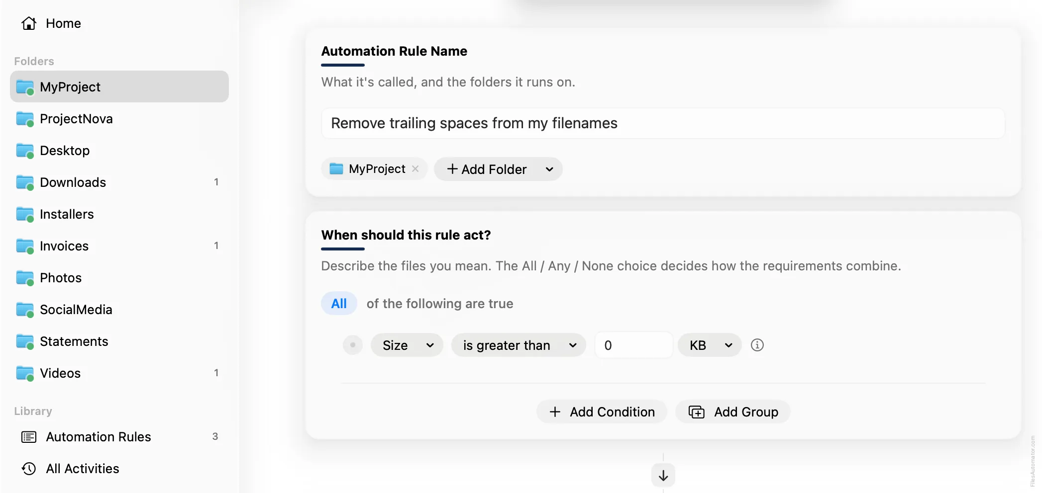 The Automation Rule Name card, alongside a single condition, Size is greater than 0