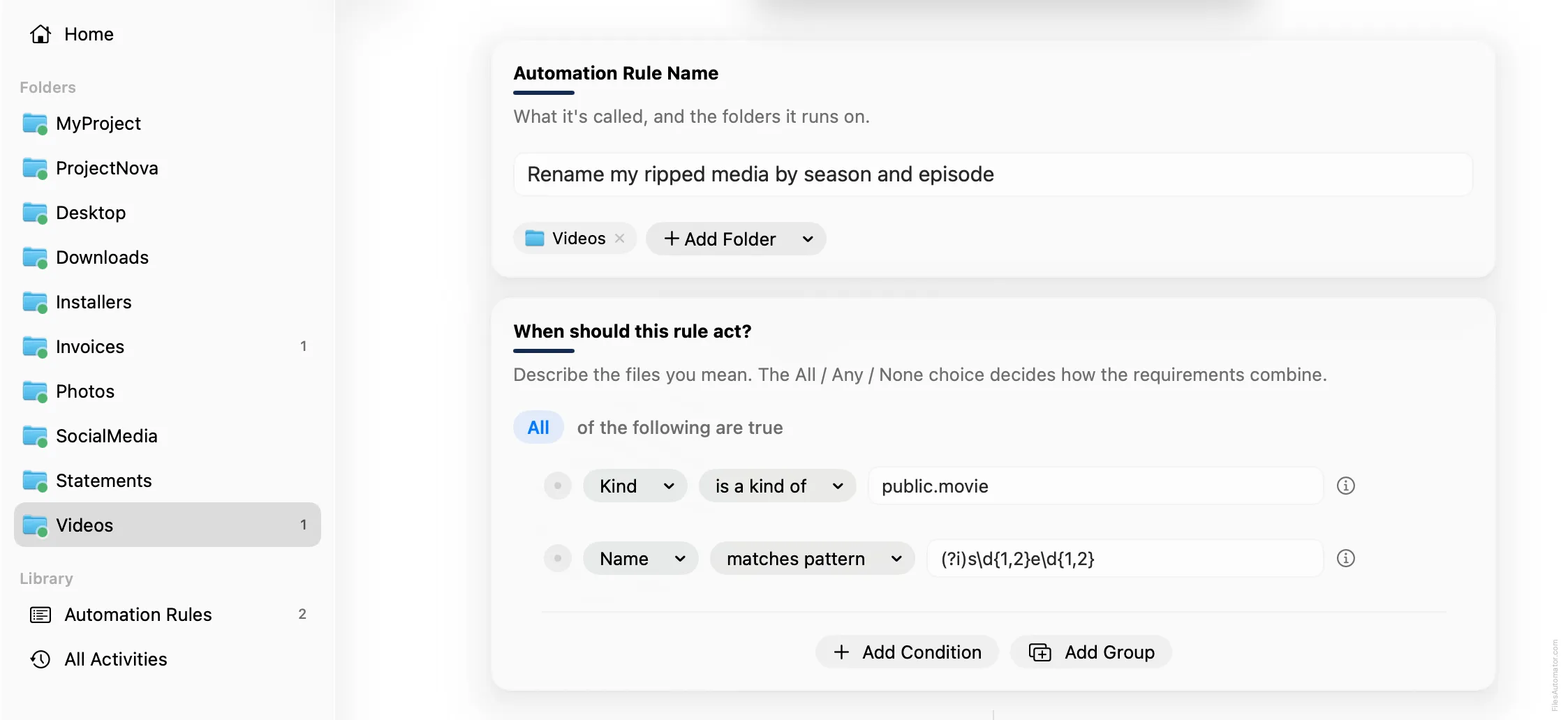 The Automation Rule Name card, alongside Kind is a kind of public.movie, plus Name matches pattern with the season and episode regex