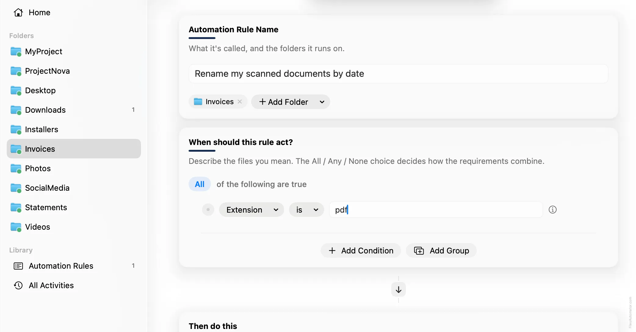 The Automation Rule Name card, alongside a single condition, Extension is pdf
