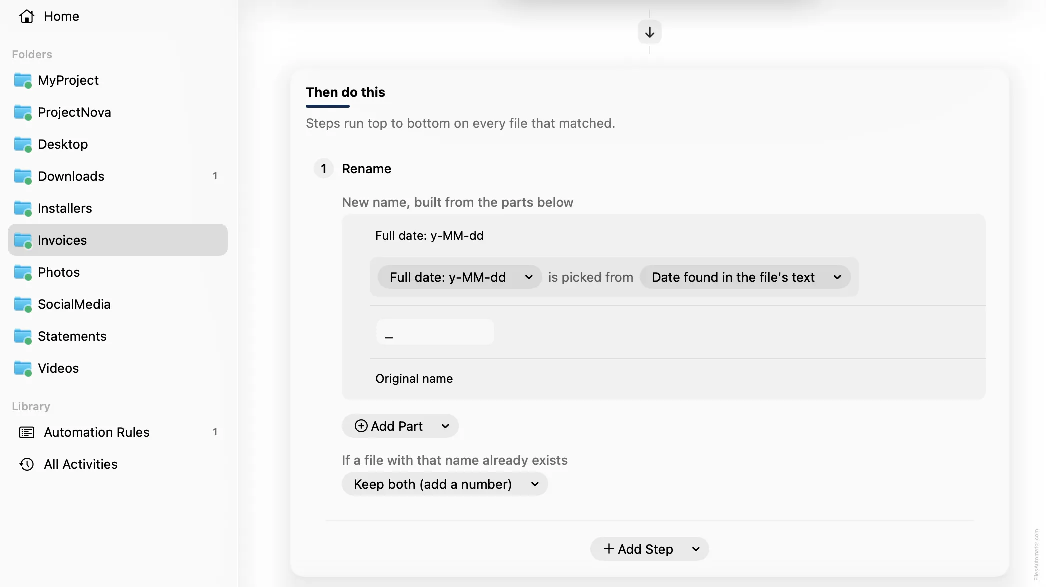 The rename pattern: a date found in the document's text, an underscore, then the original name