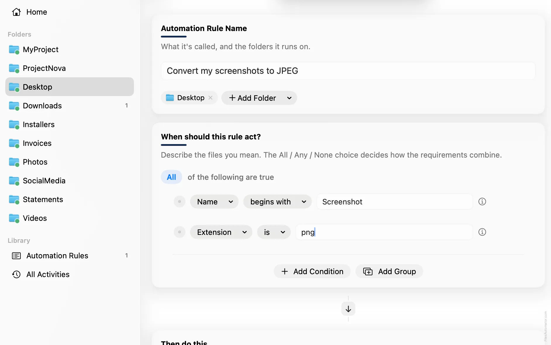 The Automation Rule Name card, alongside the condition editor, with Name begins with Screenshot and Extension is png set