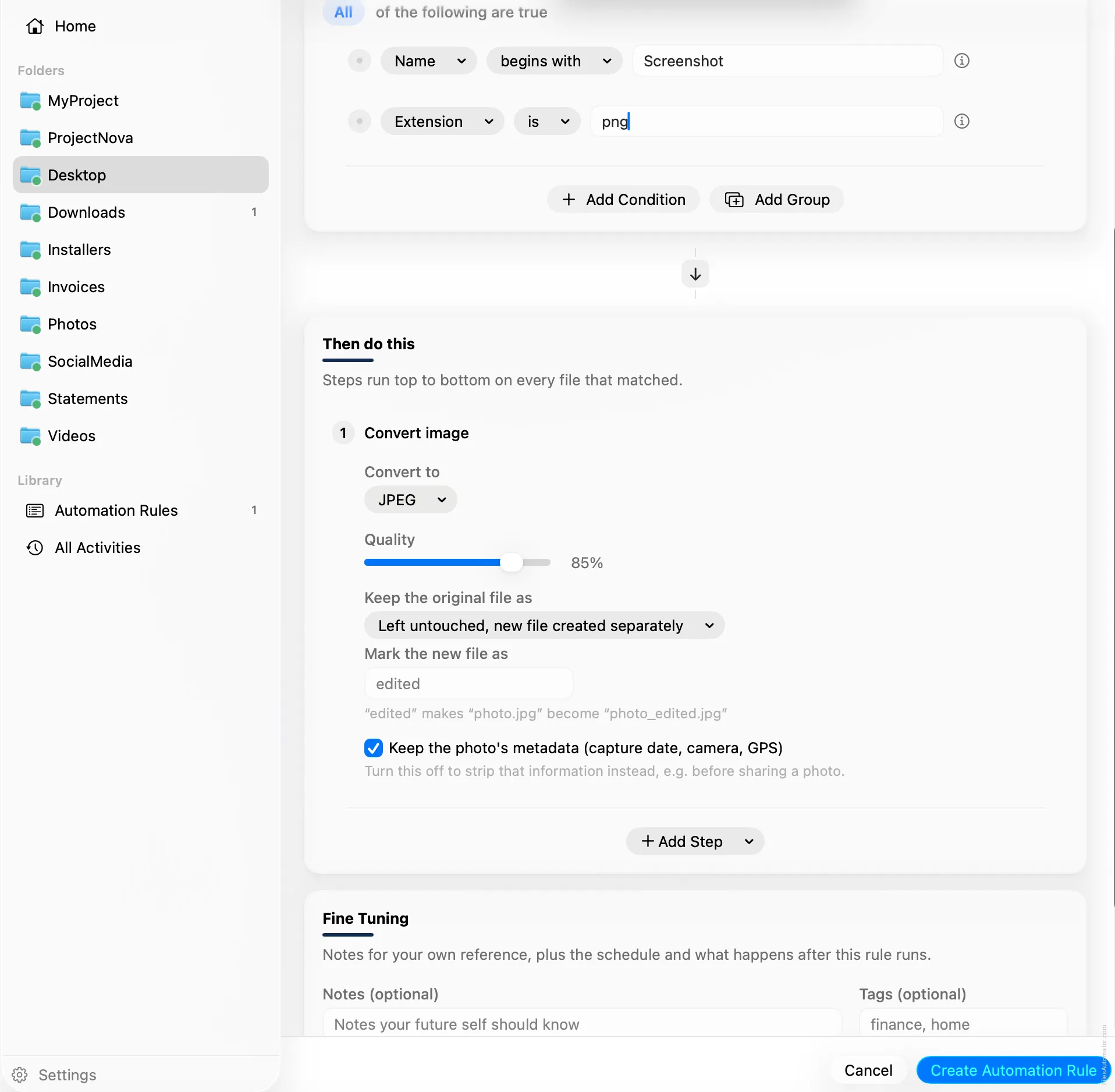 The Convert image step, set to JPEG with the original left untouched