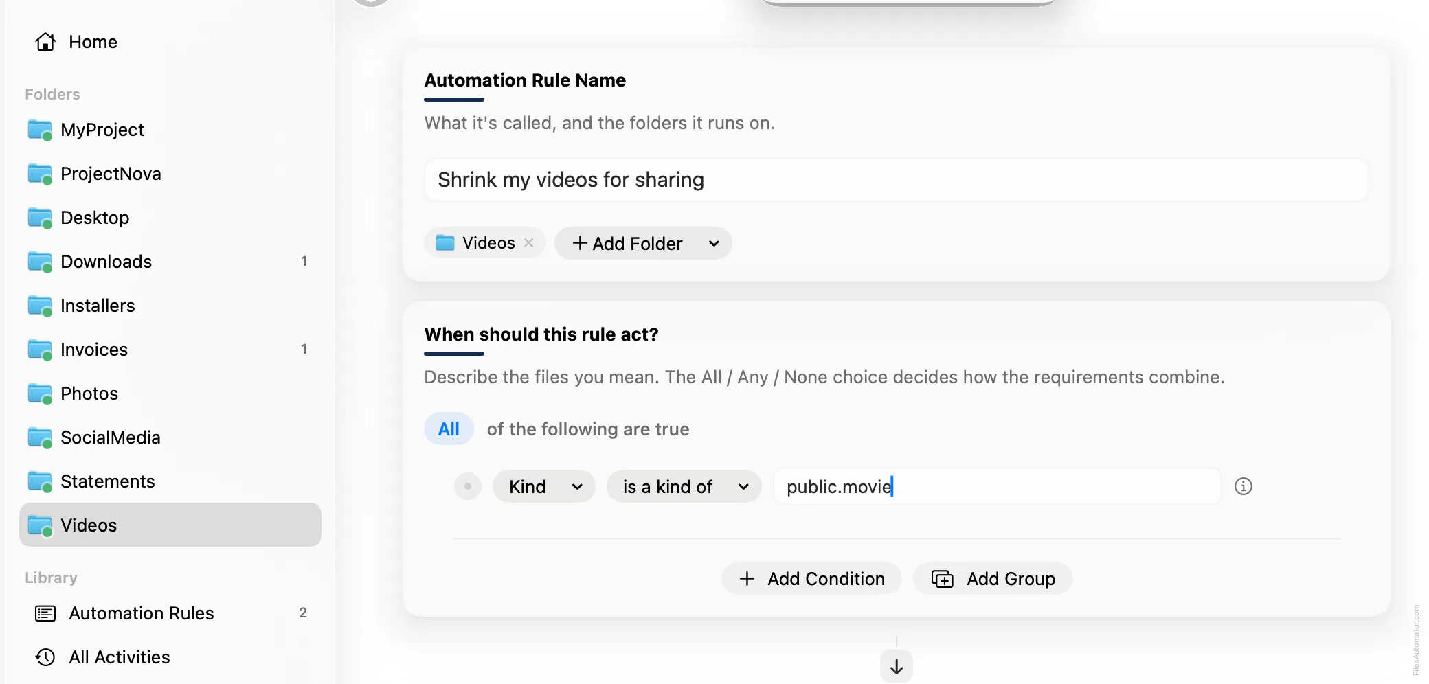 The Automation Rule Name card, alongside a single condition, Kind is a kind of public.movie