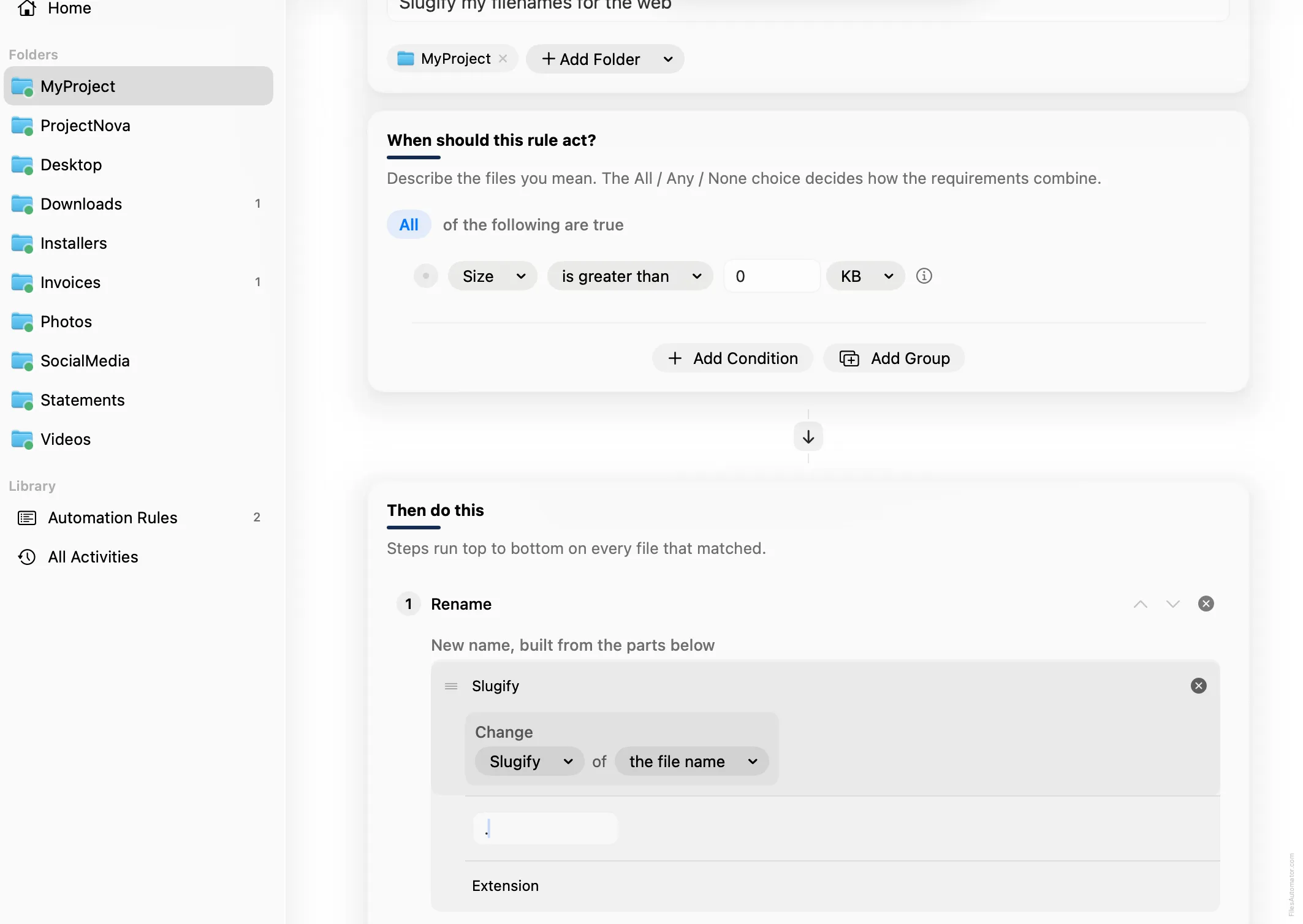 The rename pattern: a Slugify transform of the file name, a period, then the extension