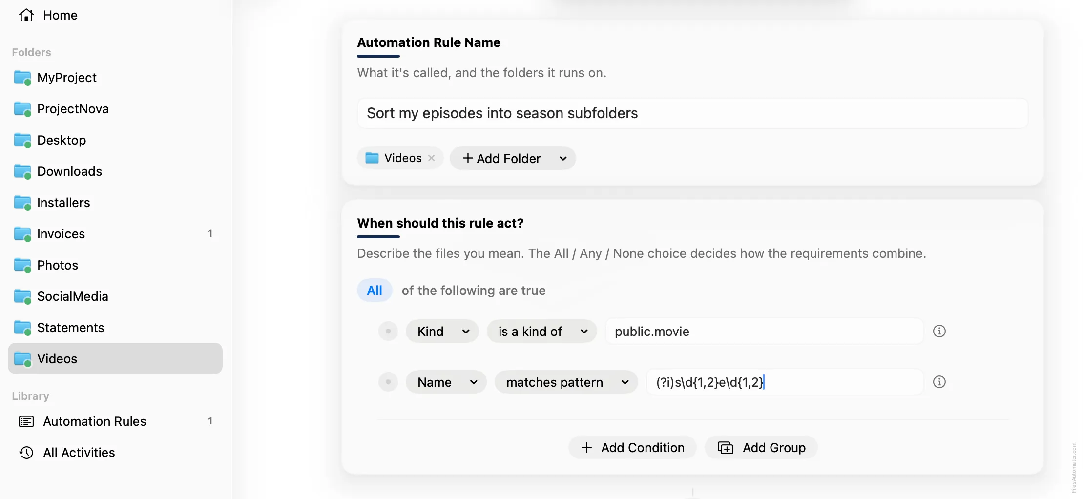 The Automation Rule Name card, alongside Kind is a kind of public.movie, plus Name matches pattern with the season and episode regex