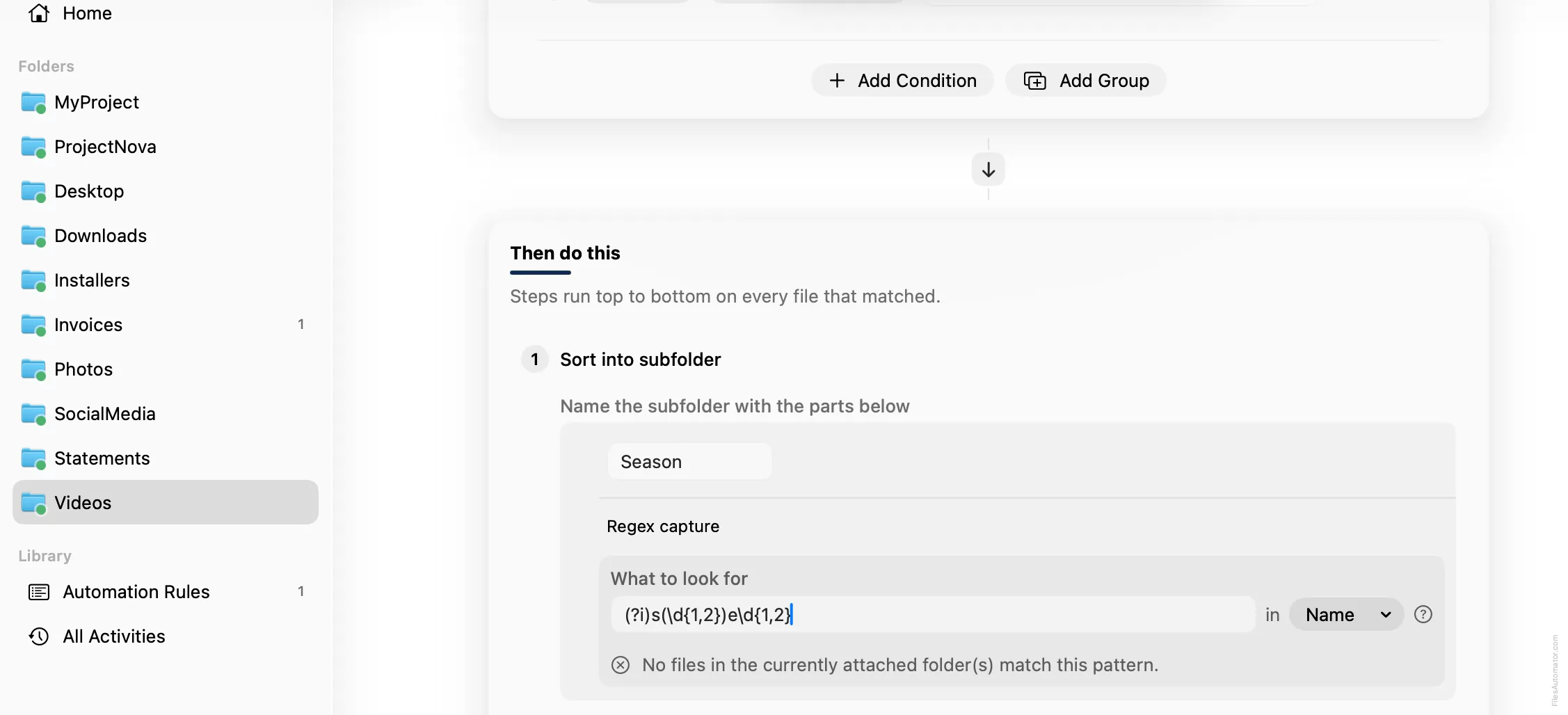 The subfolder pattern: the text Season, then a regex capture of just the season number