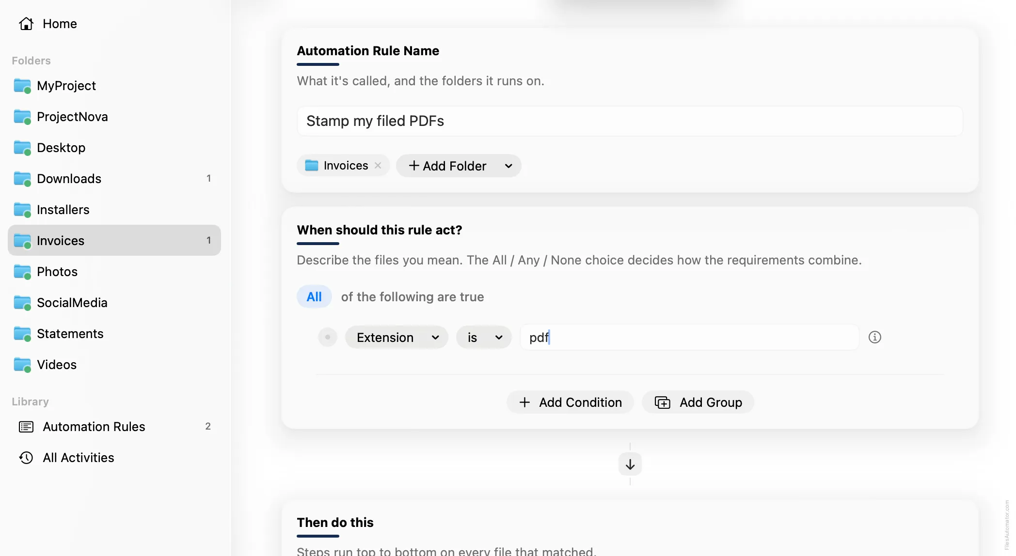 The Automation Rule Name card, alongside a single condition, Extension is pdf