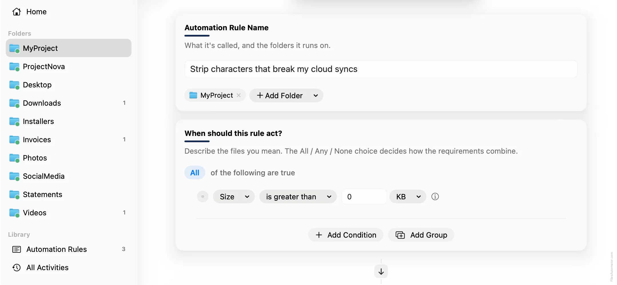 The Automation Rule Name card, alongside a single condition, Size is greater than 0