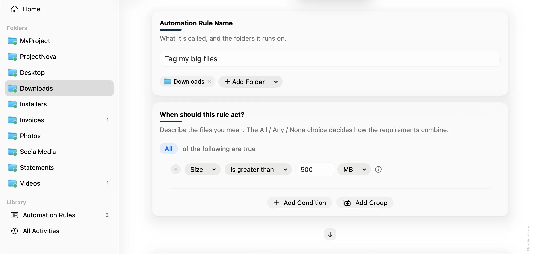 The Automation Rule Name card, alongside a single condition, Size is greater than 500 MB