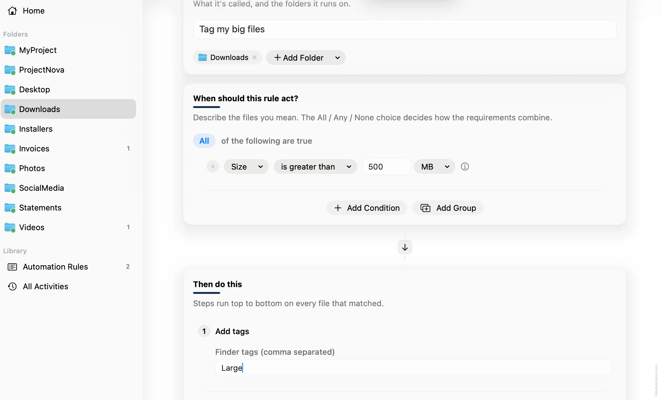 The Add tags step, with Large entered as the tag