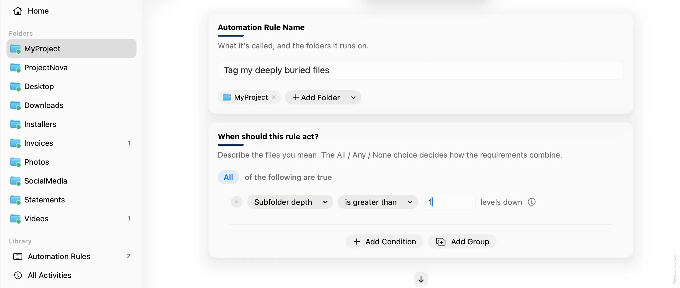 The Automation Rule Name card, alongside a single condition, Subfolder depth is greater than 1