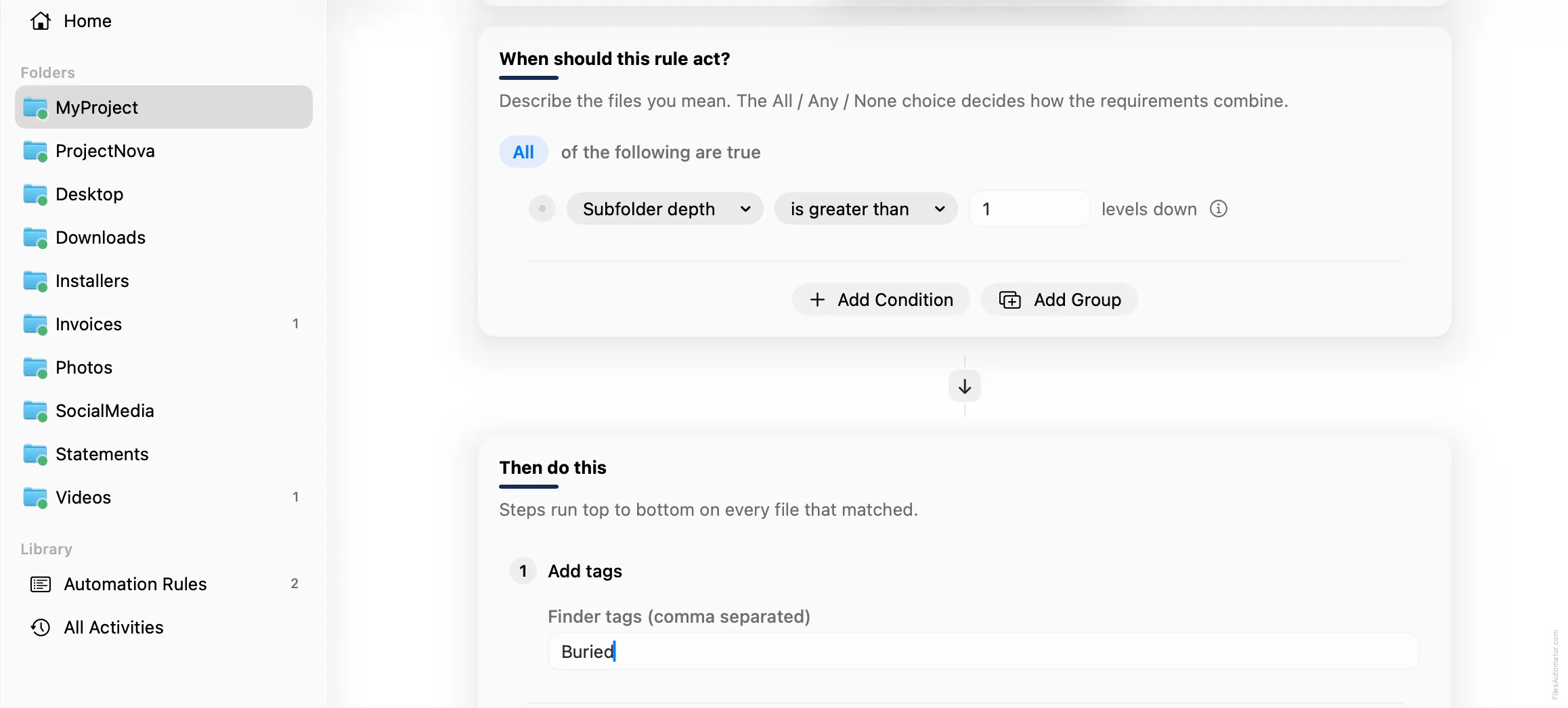 The Add tags step, with Buried entered as the tag