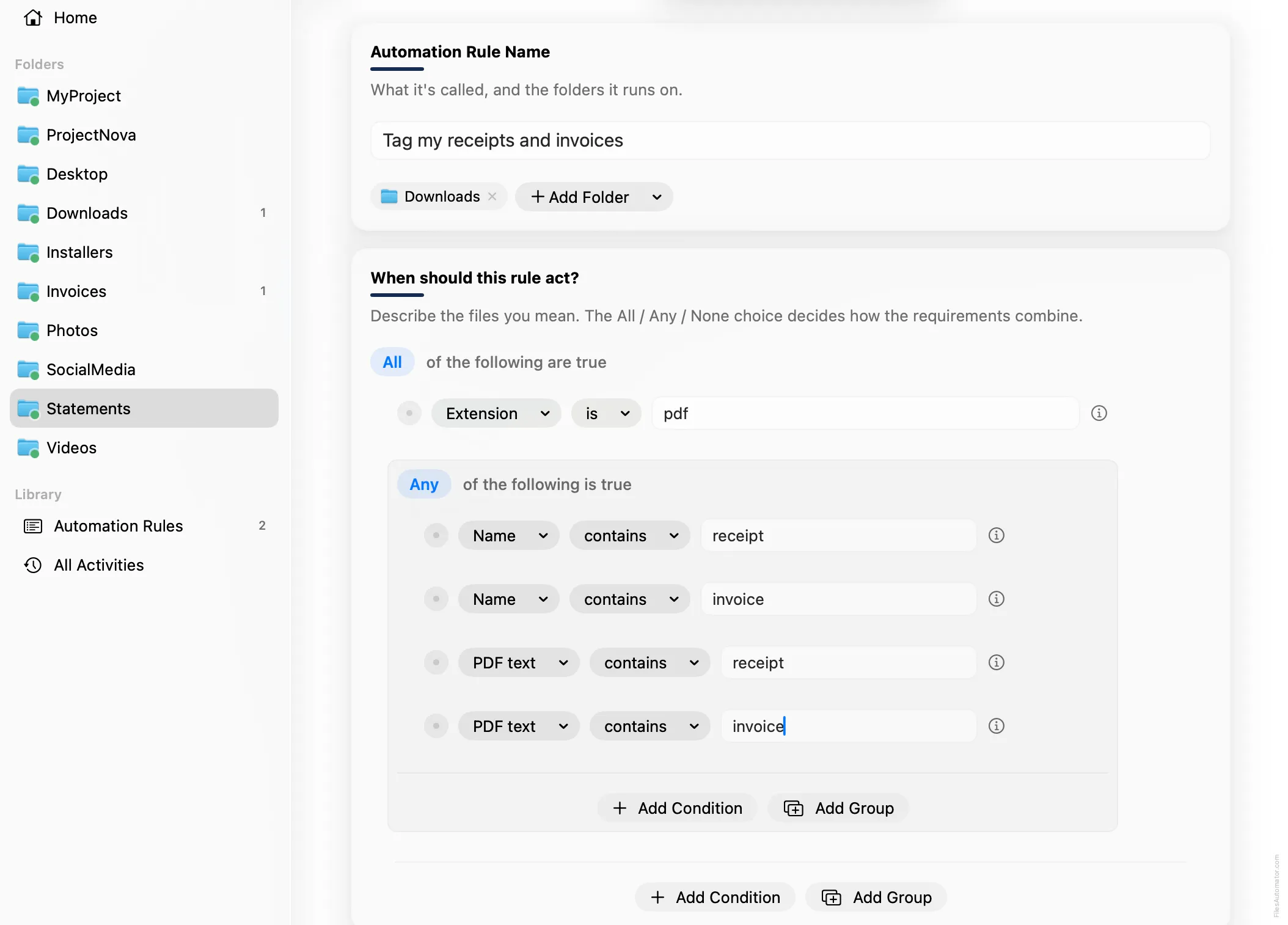 The Automation Rule Name card, alongside Extension is pdf, plus a nested Any group checking receipt and invoice in both the name and the PDF text