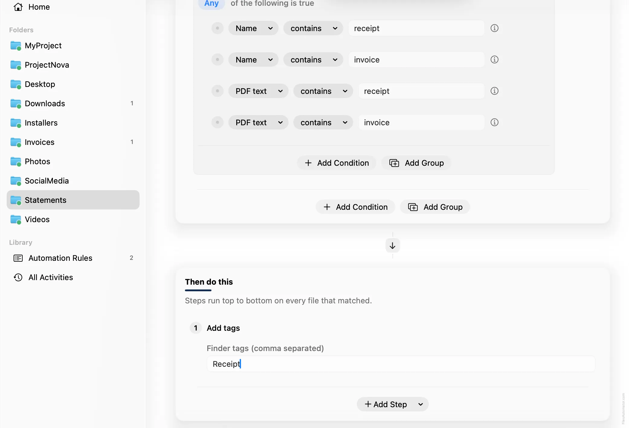 The Add tags step, with Receipt entered as the tag