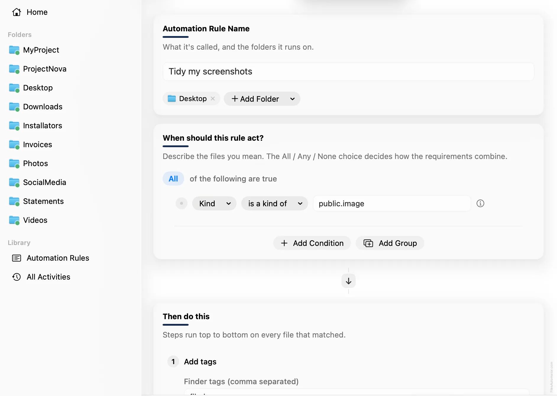 The Automation Rule Name card, with a folder added and the rule named Tidy my screenshots