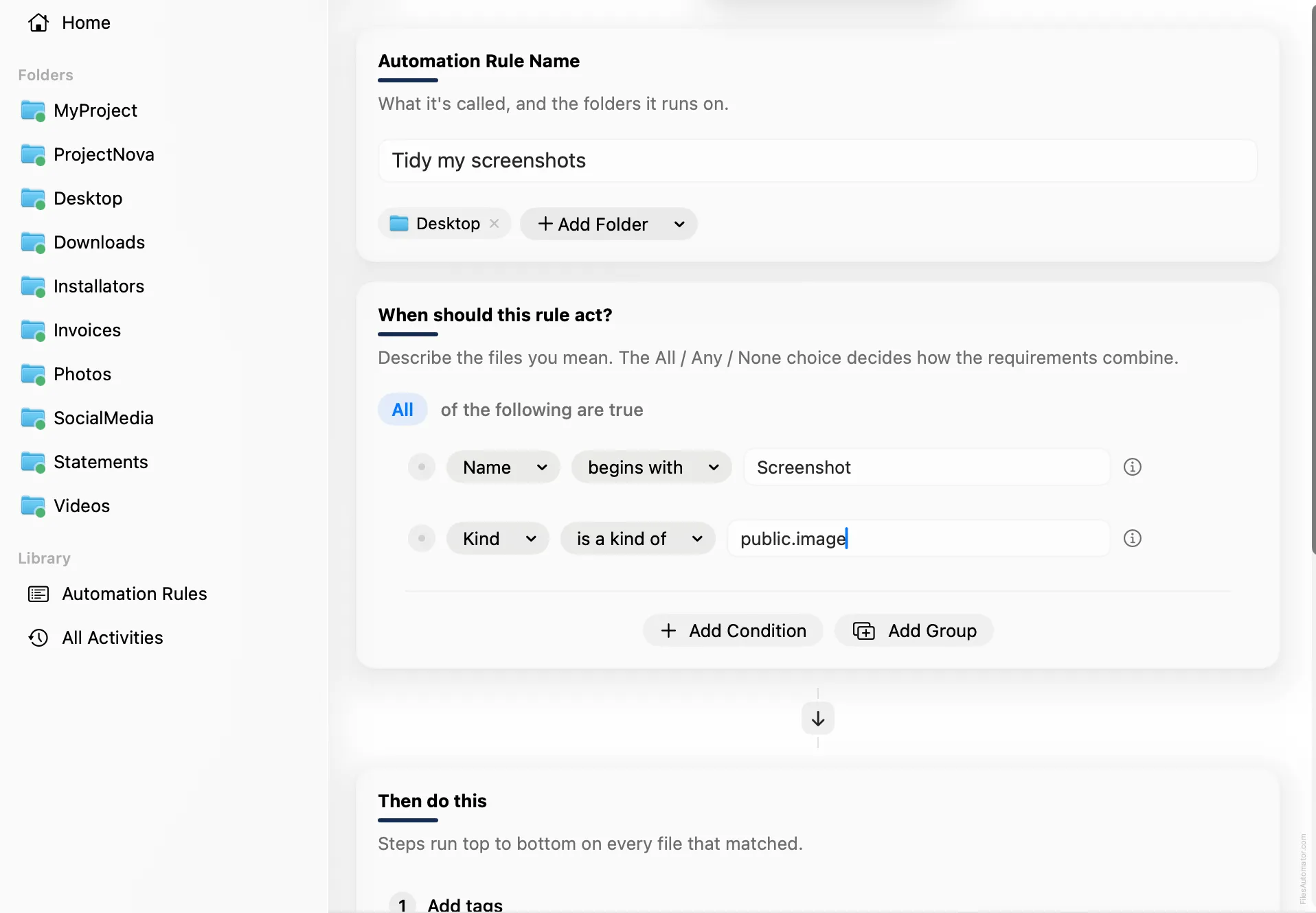 The condition editor, with Name begins with Screenshot and Kind is a kind of public.image set