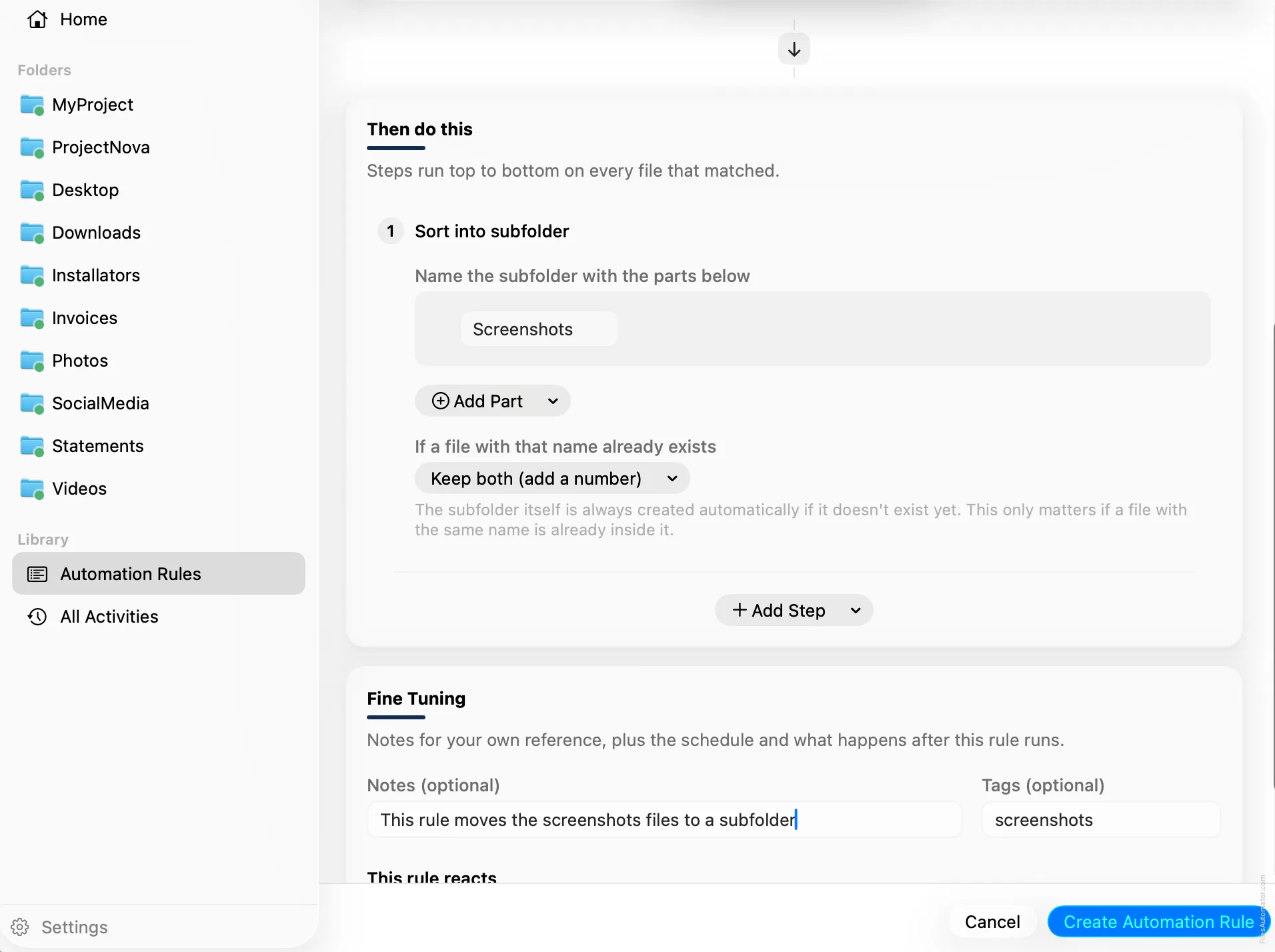 The Sort into subfolder step, with the subfolder pattern set to the literal text Screenshots