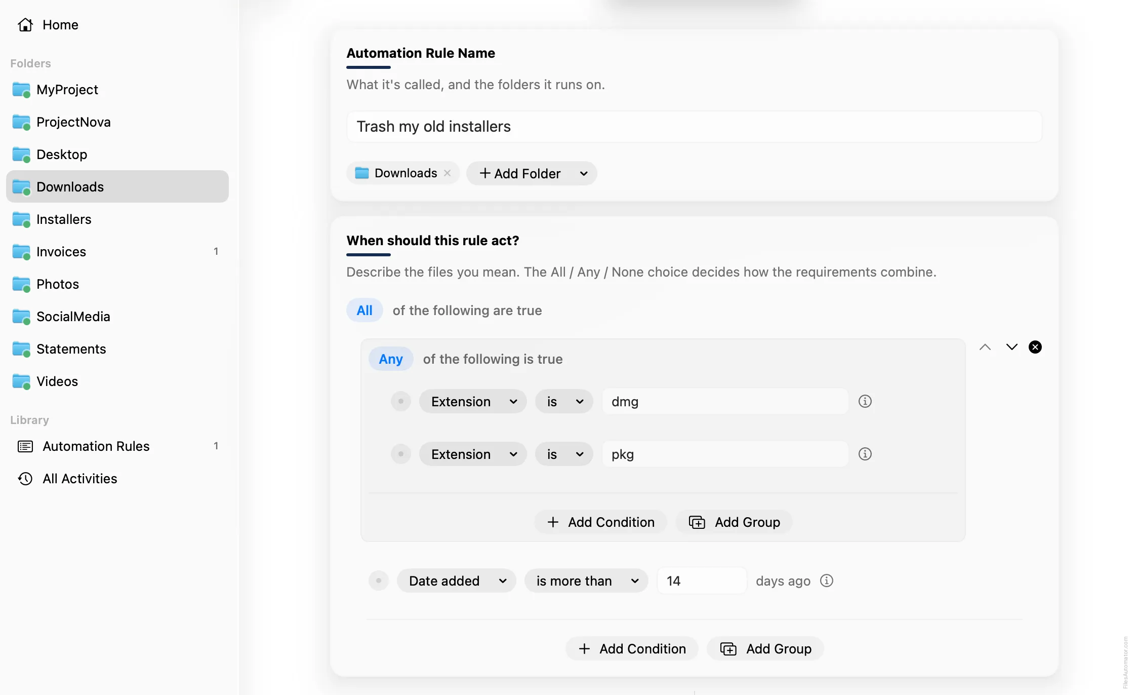 The Automation Rule Name card, alongside a nested Any group for dmg or pkg, plus Date added is more than 14 days ago