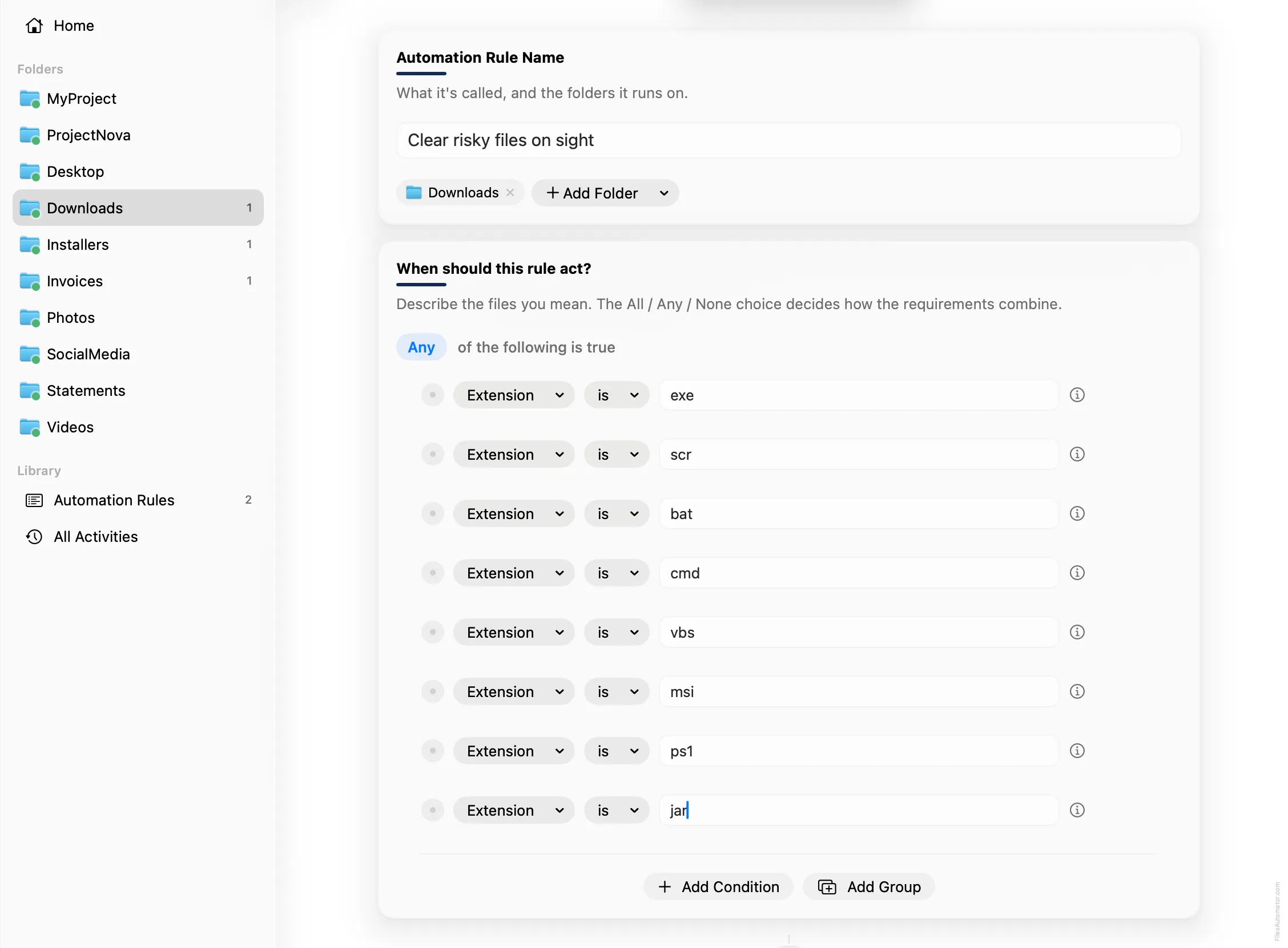The Automation Rule Name card, alongside the condition editor set to Any, with eight Extension is conditions listed