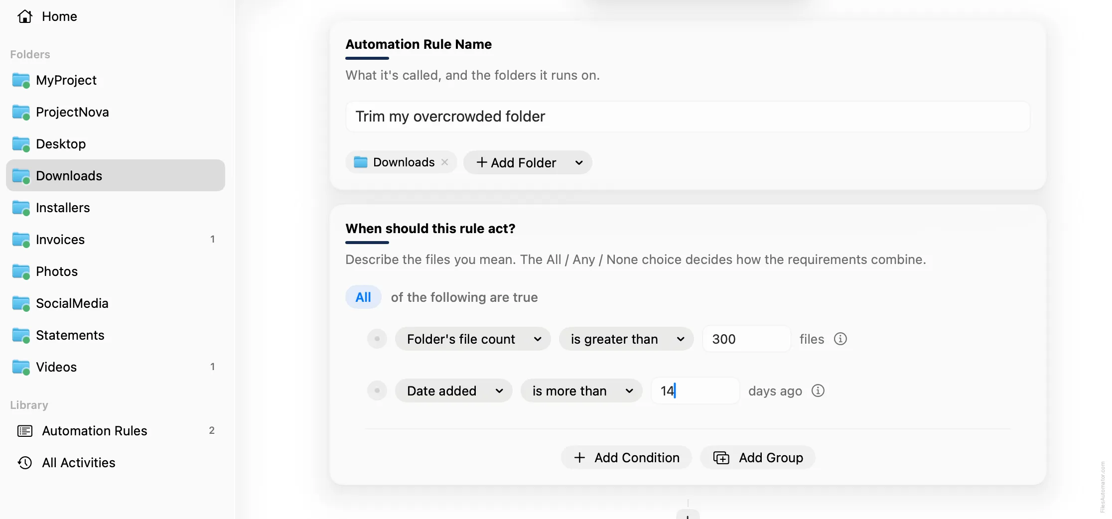 The Automation Rule Name card, alongside Folder's file count is greater than 300, plus Date added is more than 14 days ago