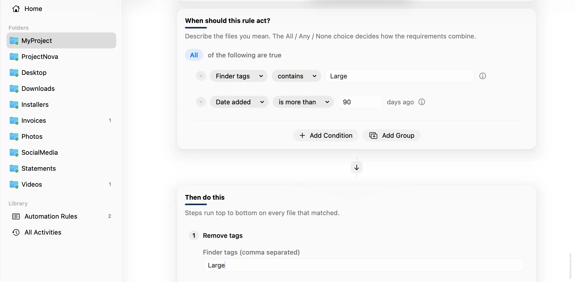 The Remove tags step, with Large entered as the tag to remove