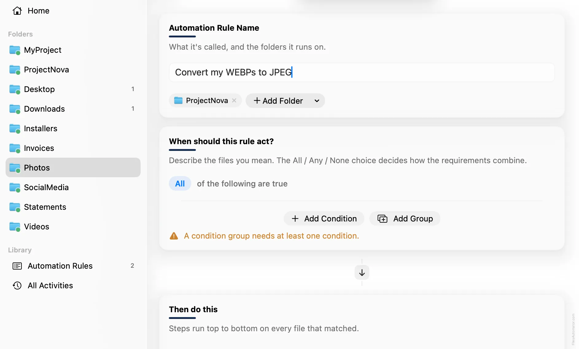 The Automation Rule Name card, with a folder added and the rule named