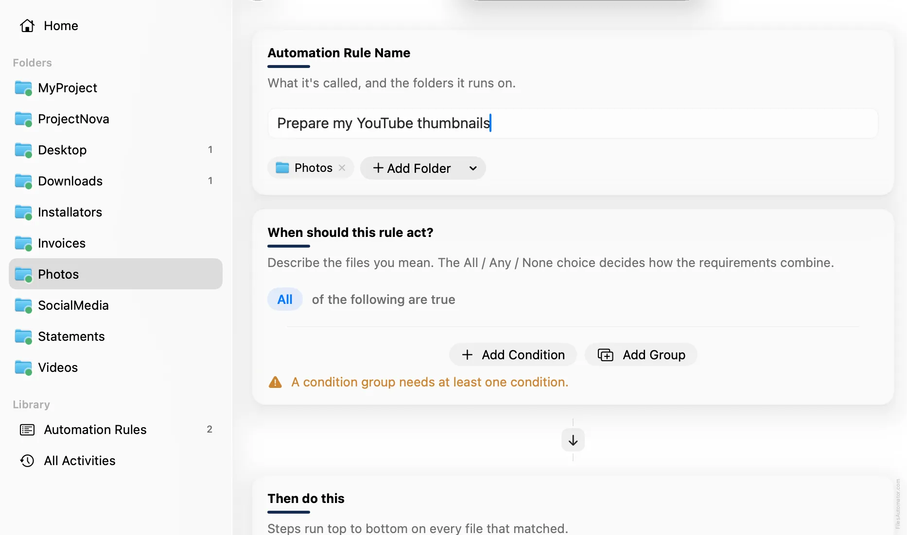 The Automation Rule Name card, with a folder added and the rule named