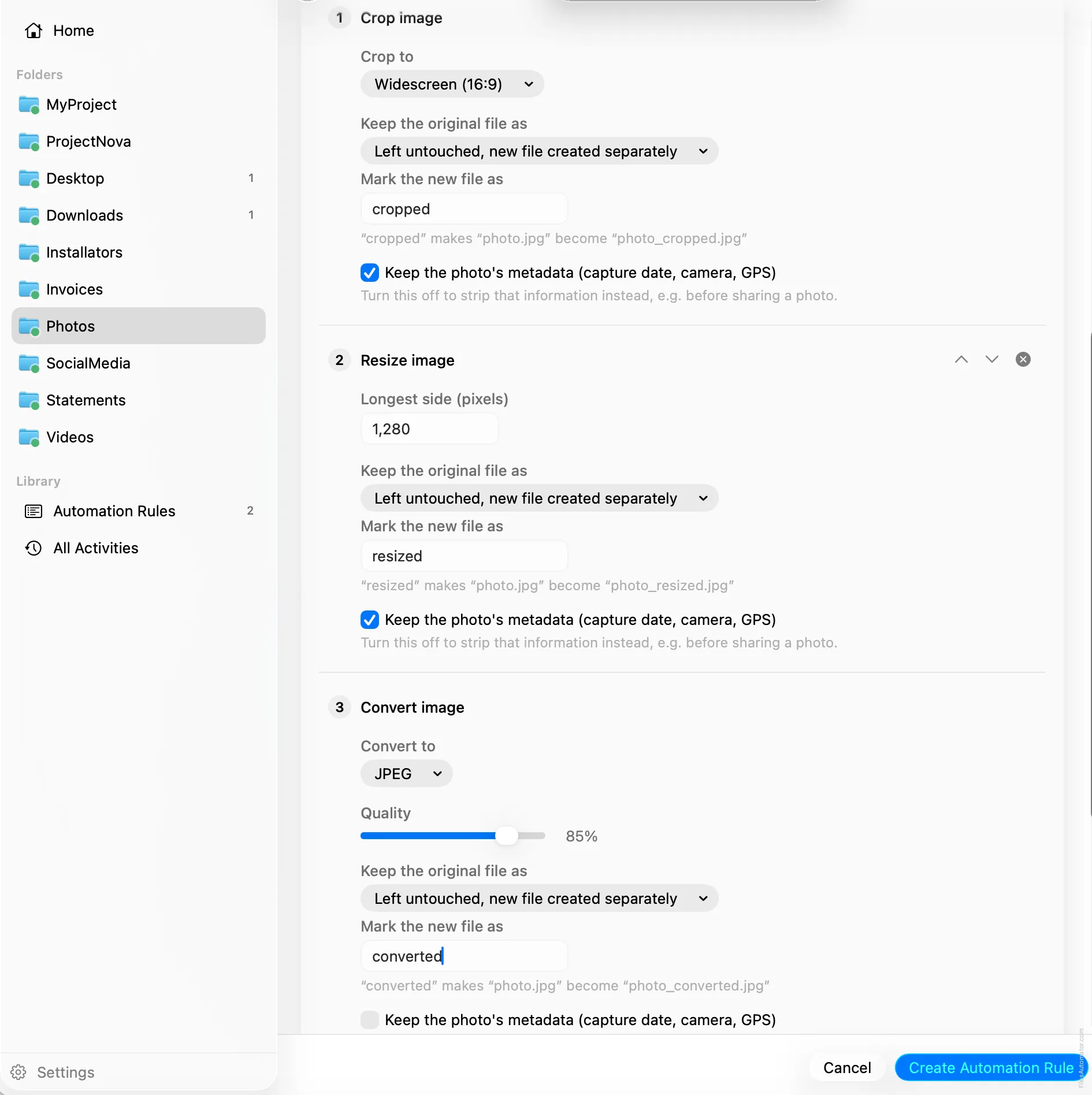 Three action steps in order: crop to 16:9, resize to 1280 pixels, convert to JPEG